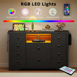 LIKIMIO Dresser with 10 Drawers, Bedroom Wooden Chest of Drawers with LED Lights and Power Outlets, Fabric Side Pocket, TV Stand for Living Room, Black LIKIMIO
