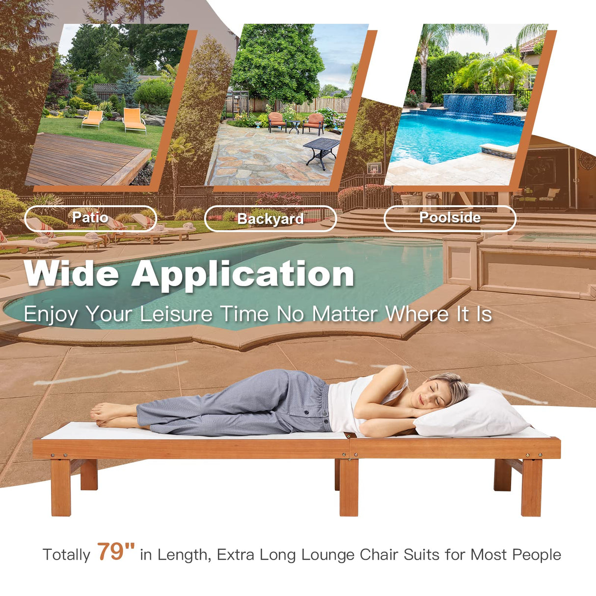Tangkula Outdoor Wood Chaise Lounge Chair, Patio Chaise Lounger with 5-Postion Adjustable Back, Eucalyptus Wood Reclining Lounge Chair with Breathable Fabric for Poolside Lawn Backyard (2, White) Tangkula