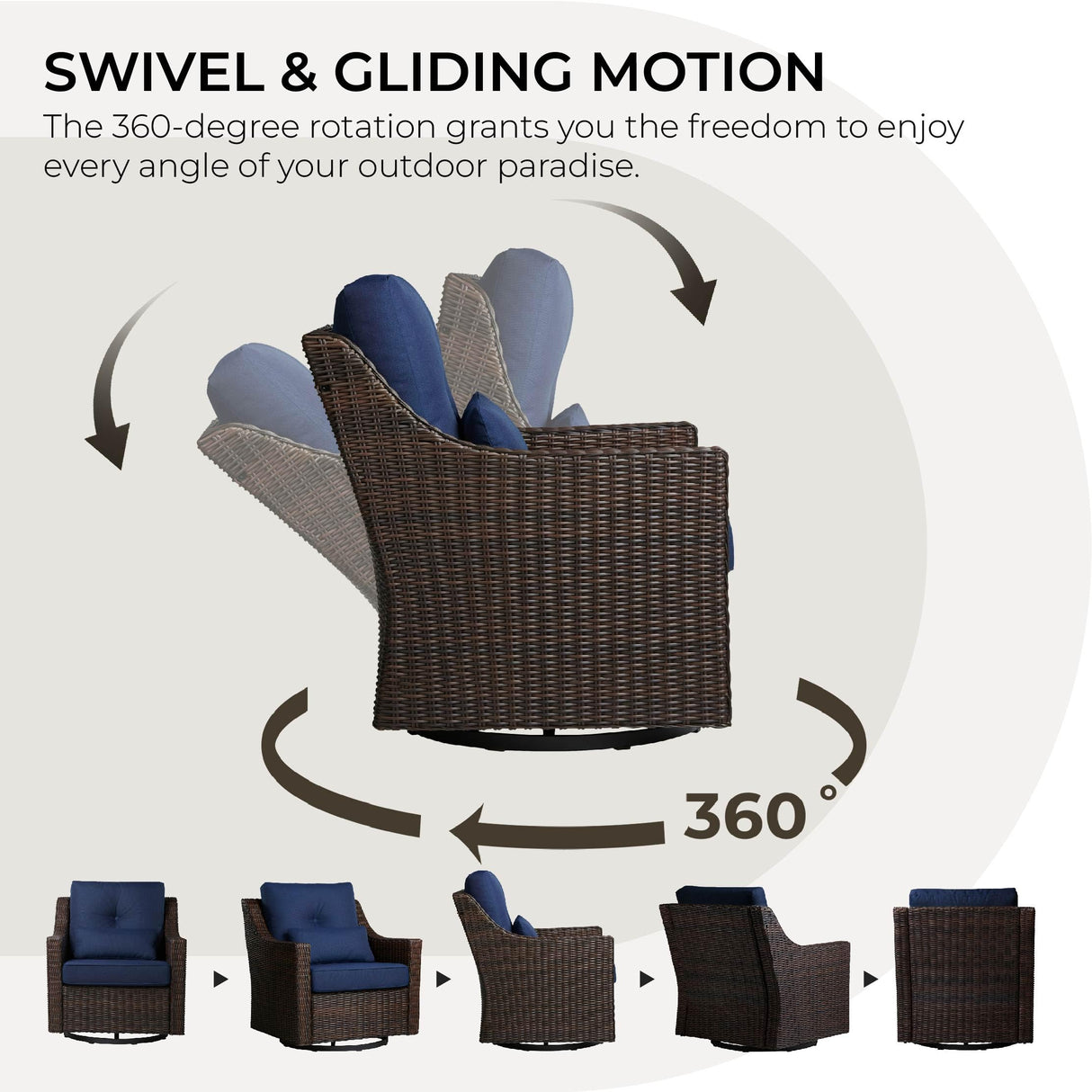 CHITA 5 Pieces Wicker Patio Furniture Set, Outdoor Conversation Set with 2 Pieces Rocking Swivel Chairs, 2 Pieces Ottomans and Side Table, Blue Cushions with Chestnut Wicker CHITA