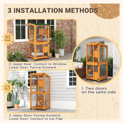 PawHut Wooden Catio with Waterproof Roof, Large Cat House with High-Up Resting Box, Indoor & Outdoor Cat Enclosure with Wheels, for 1-3 Cats, Orange - WoodArtSupply