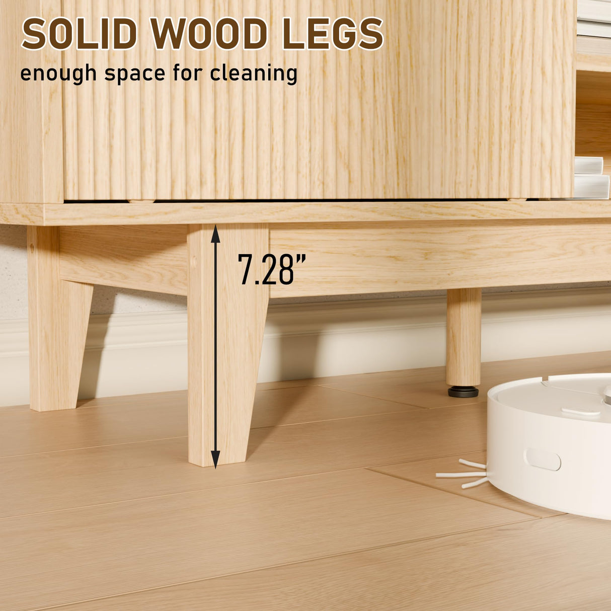 EDWINENE TV Stands for 55 60 65 inch TV, Oak Fluted TV Stand for Living Room Bedroom, Mid Century Modern TV Console Tables, Entertainment Center with Storage Cabinet, Sliding Doors and Open Shelves EDWINENE