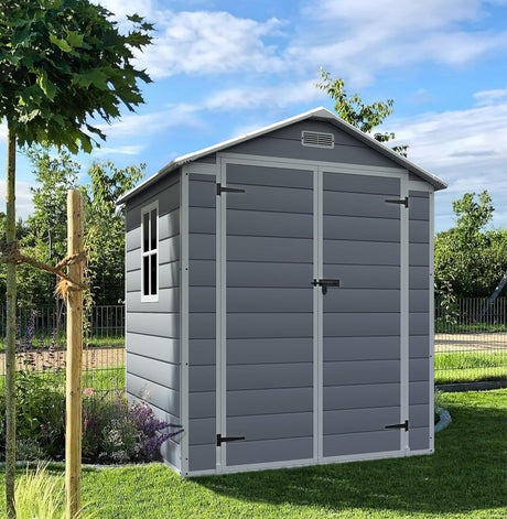 Devoko 6x4 FT Outdoor Storage Shed, Plastic Resin Garden Shed with Lockable Door & Built-in Floor, Waterproof Tool Shed for Backyard, Patio, Lawn, Pool Supplies (Grey) Devoko