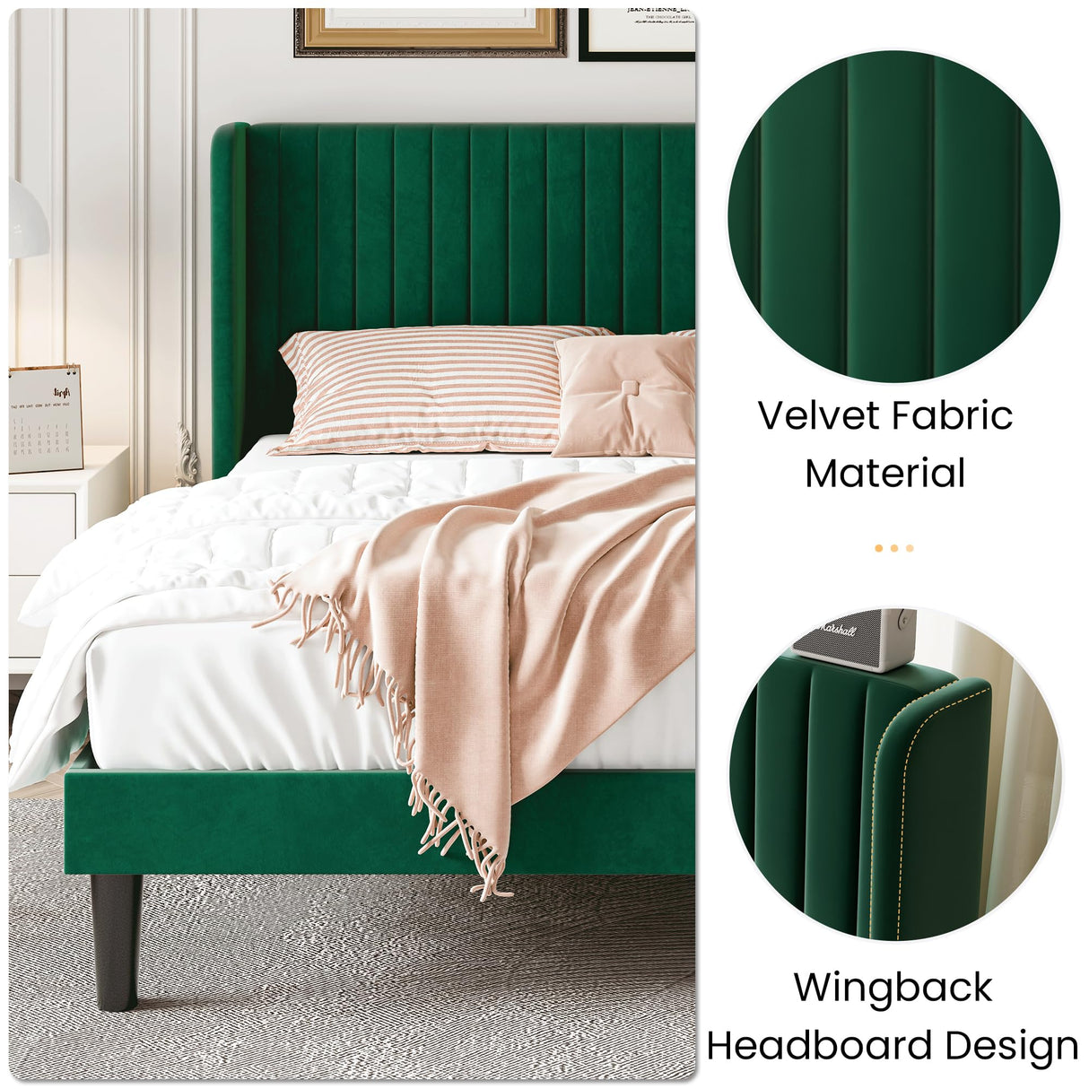SHA CERLIN King Size Velvet Bed Frame with Vertical Channel Tufted Wingback Headboard, Upholstered Platform Bed with Wood Slats, No Box Spring Needed, Easy Assembly, Green SHA CERLIN