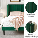 SHA CERLIN King Size Velvet Bed Frame with Vertical Channel Tufted Wingback Headboard, Upholstered Platform Bed with Wood Slats, No Box Spring Needed, Easy Assembly, Green SHA CERLIN