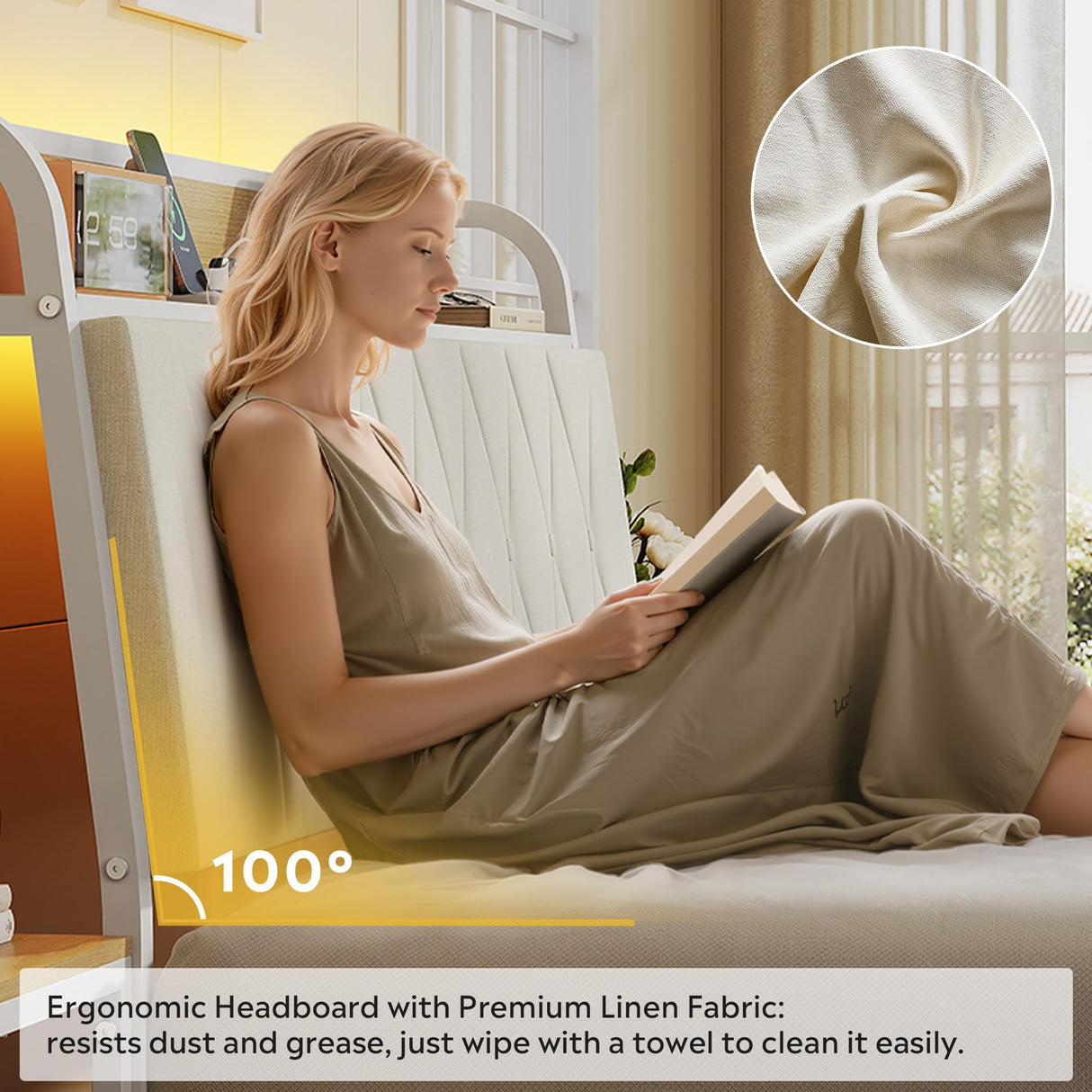 WLIVE Queen Size Upholstered Bed Frame with 2 Side Shelves, Linen Tufted Storage Headboard with Charging Ports and LED Light, Metal Solid and Stable, No Box Spring Needed, Easy Assembly, Beige WLIVE