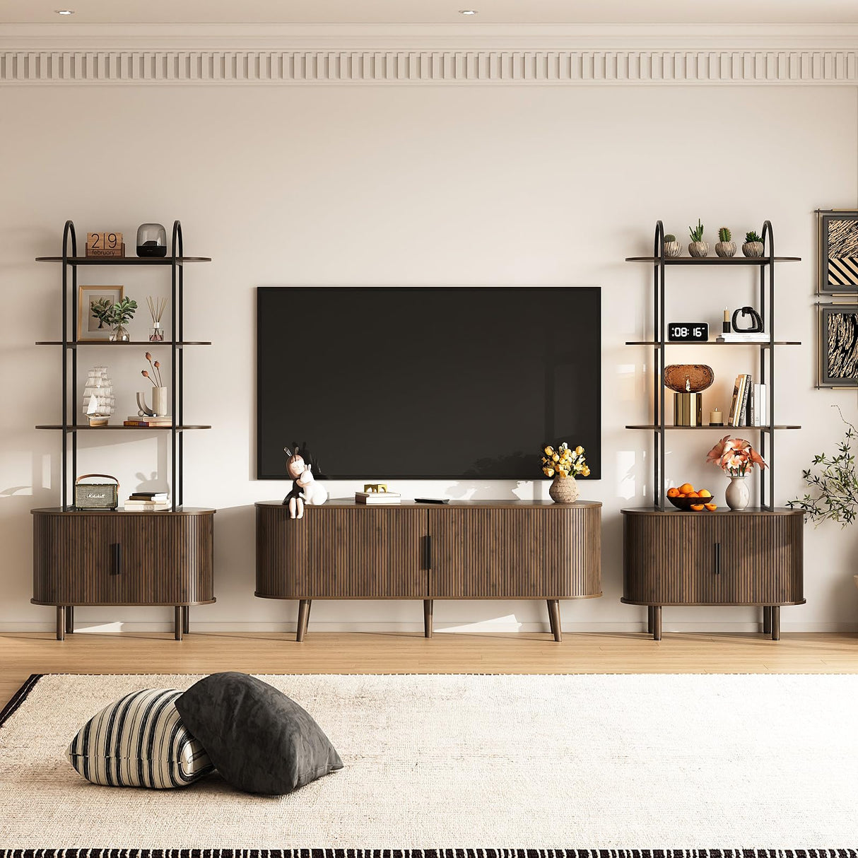 Espelism 71" Tall Mid-Century Display Shelf Bookshelf with Sliding Tambour Doors, 4-Tier Freestanding Vinyl Record Player Stand Fluted Storage Cabinet for Living Room, Bedroom, Home Office Espelism