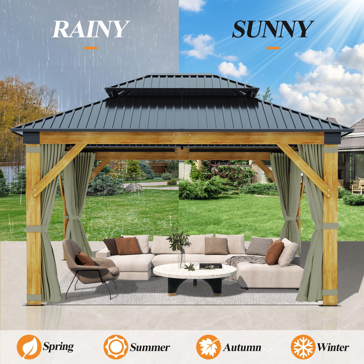 GARTOO 13’x15’ Patio Wooden Gazebo, Galvanized Steel Roof Gazebo with Olive Green Curtains and Netting, Double Vented Roof Hardtop Gazebo for Garden, Porch, Lawn, Poolside, Backyard GARTOO