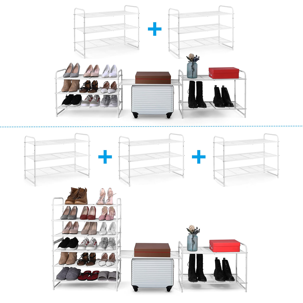 Simple Trending 3-Tier Stackable Shoe Rack, Expandable & Adjustable Shoe Shelf Storage Organizer, Wire Grid, White Simple Trending
