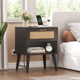 Irontar Nightstand Set of 2, Bedroom Night Stand with Charging Station & Rattan Drawer, Boho Style Bed Side Tables with Solid Legs, Accent End Table with Open Storage, Black and Natural BZZ007BME02 Irontar