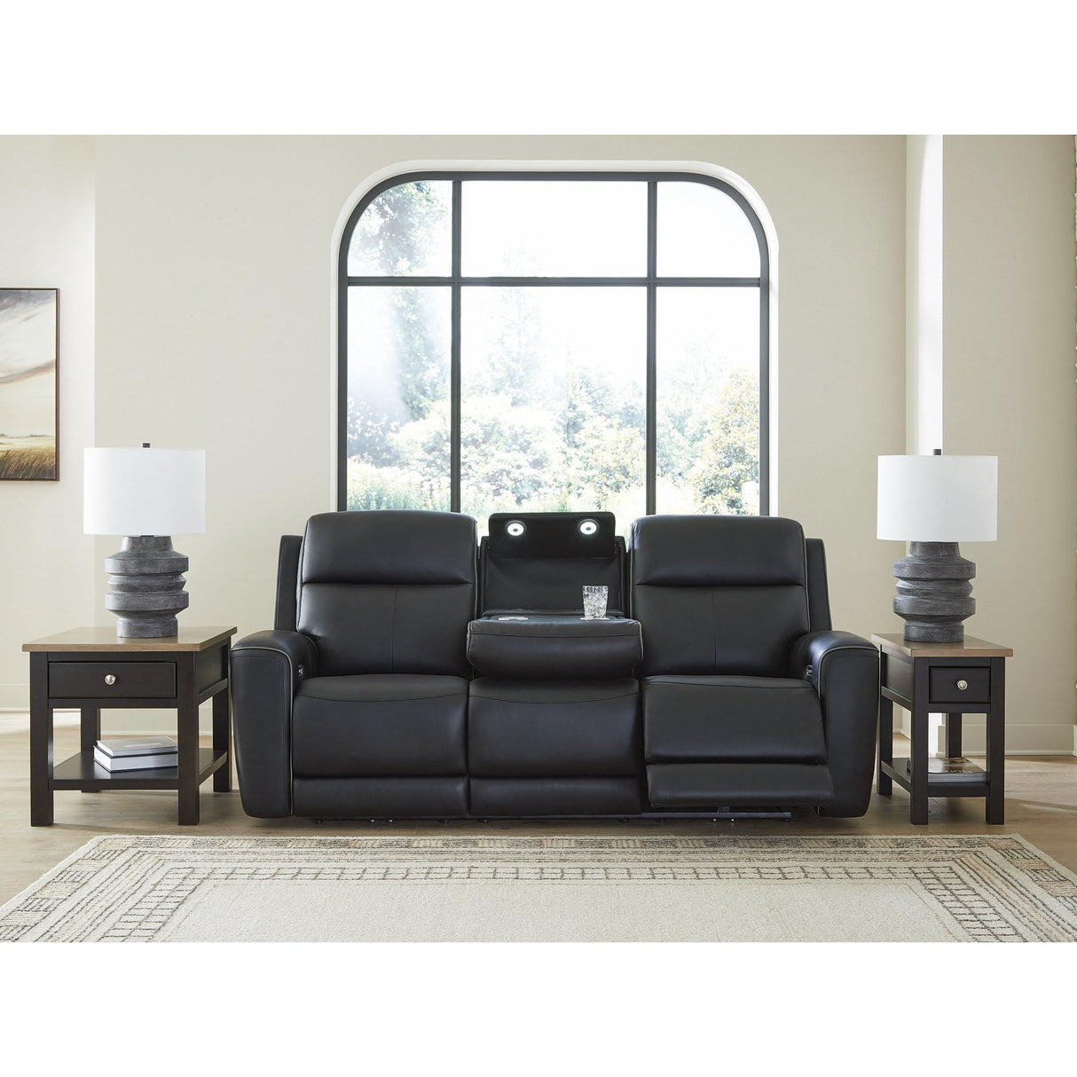 Signature Design by Ashley 5Z-Dreamlight Modern Leather Match Power Reclining Sofa with Drop Down Table, Massage System and Adjustable Headrest, Black Signature Design by Ashley