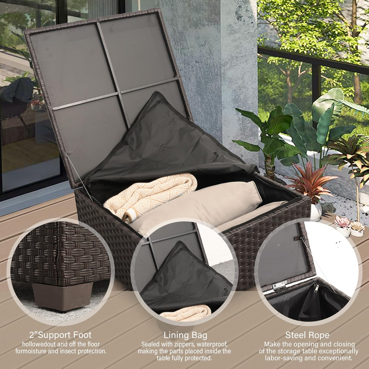 Patio Furniture Set - 3 Piece Outdoor Sectional Sofa Set with Wicker Couch, Ottoman, Coffee Table & Storage - All-Weather, Anti-Slip Cushions & Waterproof Covers, Khaki Rattan Star