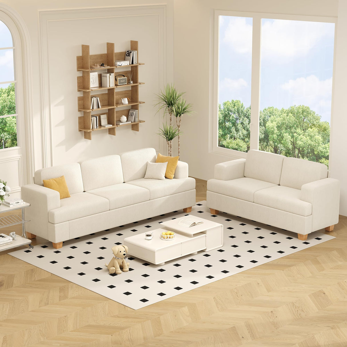 Apicizon 89'' 3-Seat Sofa Couch with Loveseat, 2 Piece Comfy Sofa Sets for Living Room, Modern Lounge Sofa Sleeper Couch for Apartment with Deep Seat, Living Room Set White Corduroy Apicizon