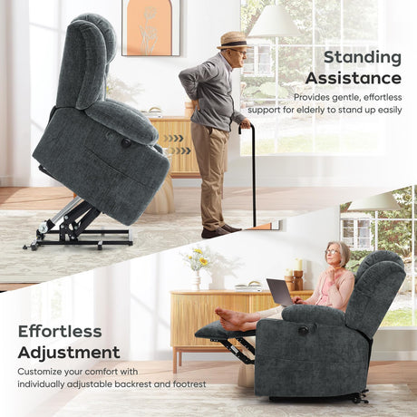 ABCASA Large Dual Motor Lay Flat Power Lift Recliner Chair for Elderly with Heat ＆ Massage, Comfortable Chenille Recliner, Cup Holder, Side Pocket,USB-A ＆ C Ports, Gray Blue ABCASA