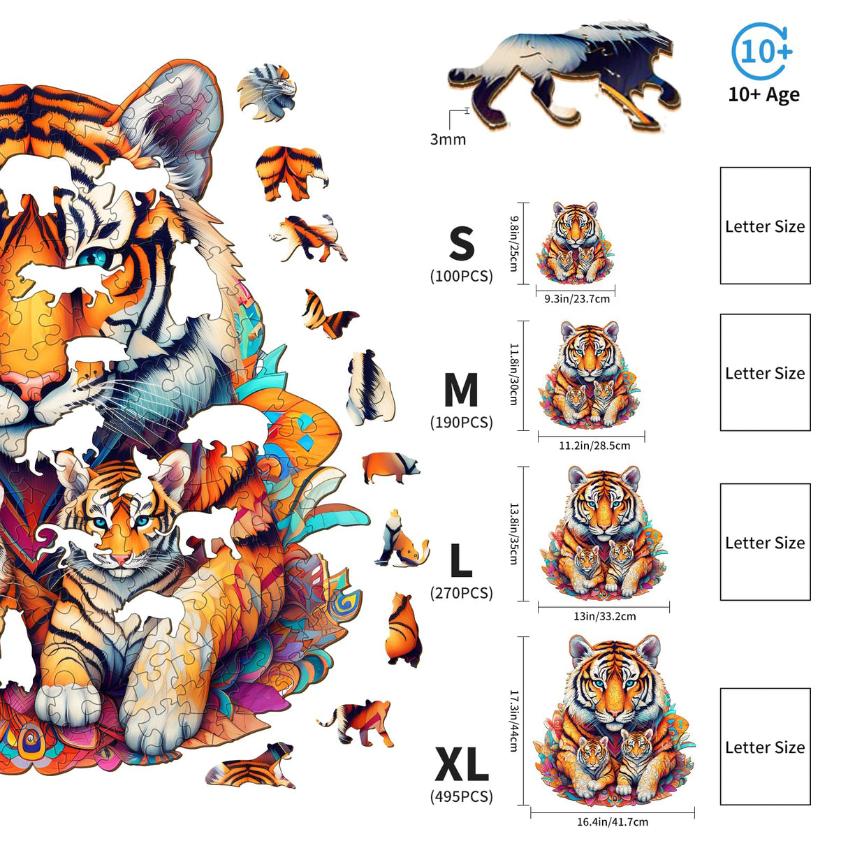 Woodemon Wooden Puzzles for Adults, Tiger Family (M-190pcs) Wooden Jigsaw Puzzles Kids, 11.2 * 11.8in Unique Shaped Animal Wood Puzzles Adults, Fathers Birthday Family Games Woodemon