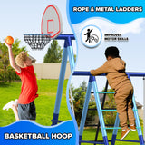Sportspower Ramona Metal Swing Set 7-in 1: 3 Swings, Climbing Ladder and net, Basketball Hoop, and 5-ft Blow Molded Slide, 700lb Capacity, Yellow & Blue, Bonus Anchor kit Included Sportspower
