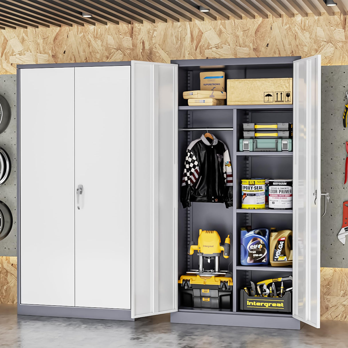INTERGREAT Metal Storage Cabinet,72 Tall Armoire Wardrobe Closet with Doors,Grey White Storage Locker Cabinets with Adjustable Shelves and Removable Hanging Rods INTERGREAT