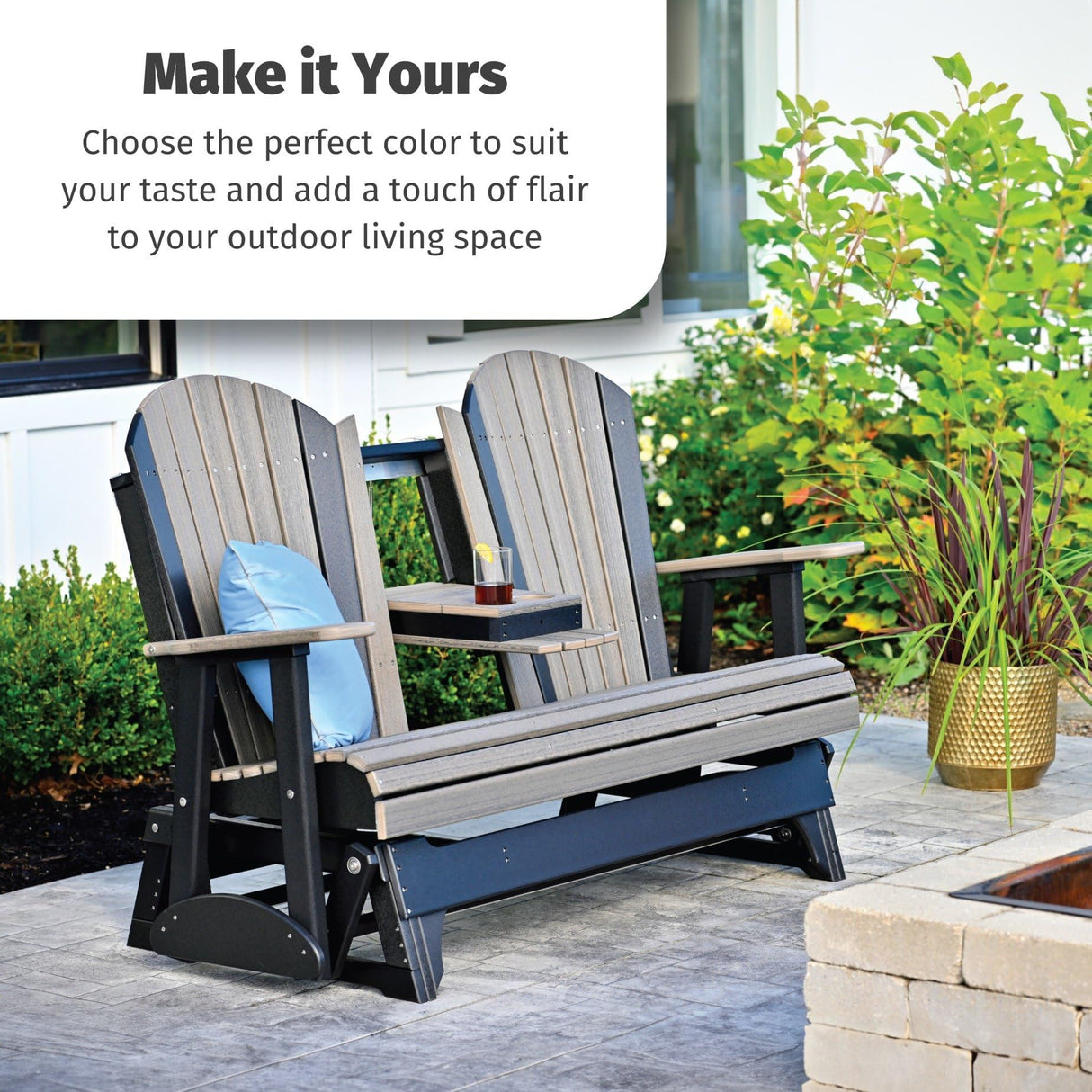 LuxCraft 5' Adirondack Double Glider Bench, 2 Person Glider Chair, Outdoor Glider Bench, Outdoor Loveseat Glider (Dove Gray on Black) LuxCraft