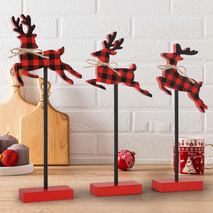 3 Pieces Christmas Table Decorations Wood Reindeer Set, Plaid Christmas Tiered Tray Decor,Rustic Christmas Reindeer Table Decorations for Home(Plaid)