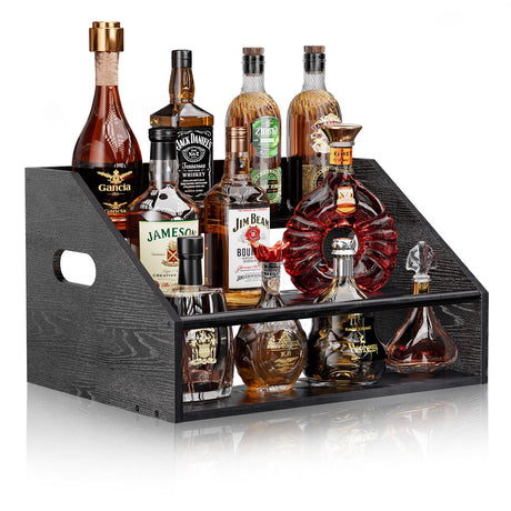 Vecxoty Wood Liquor Bottle Display Shelf, Coffee Syrup Organizer Rack, Wine Racks Countertop, Bar Shelf for Vodka Tequila Whiskey, Liquor Cabinet for Home Decor Mini Bar Black Bar Organizer Vecxoty