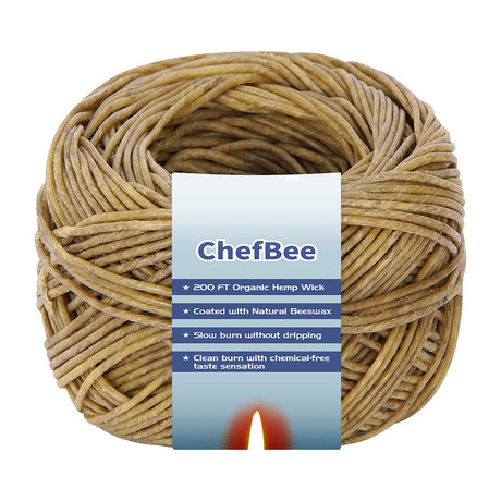 CHEFBEE 200 FT Organic Hemp Wick, Well Coated Natural Beeswax for Hemp Wick Lighter or Candle Making, Slow Burn, No Dripping, Standard Size(1.1mm) CHEFBEE