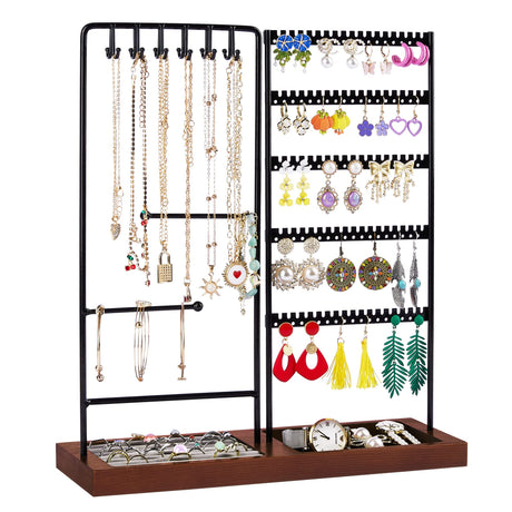 Vtopmart Jewelry Holder Organizer Stand Tree for Earring Necklace Ring Bracelets Display and Storage, with 90 Holes, 12 Hooks, Black+ Walnut Vtopmart