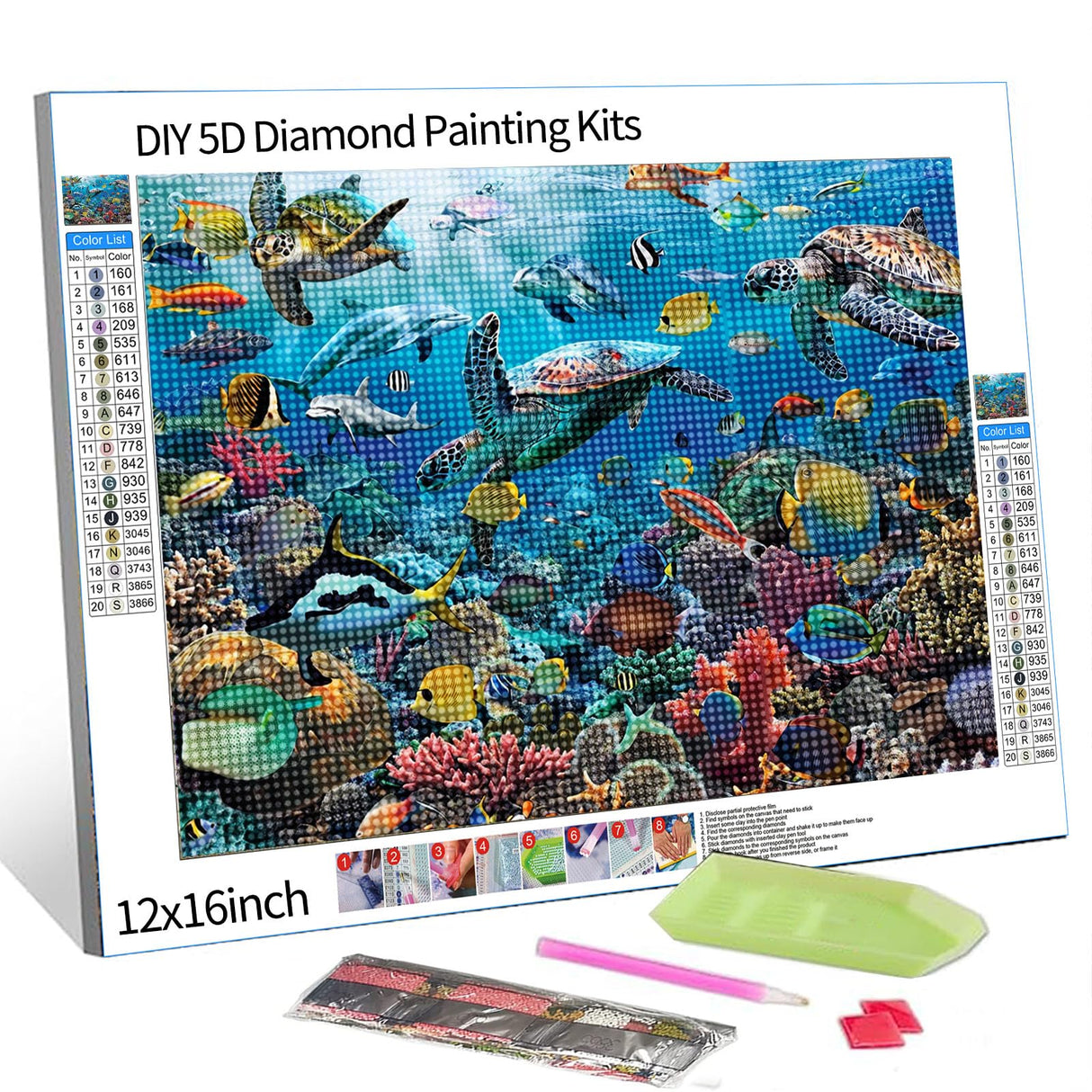 Sea Turtle Diamond Painting DIY 5D, Underwater Fish Numbering Kit, Angelfish Artwork Coral Reef Wall Art Aquarium Crystal Rhinestone Embroidery Picture Home Decor Adults Ocean Gift(12''Wx 16''H) Tucocoo