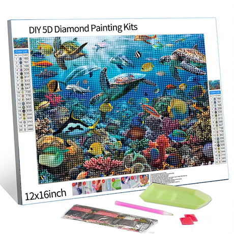 Sea Turtle Diamond Painting DIY 5D, Underwater Fish Numbering Kit, Angelfish Artwork Coral Reef Wall Art Aquarium Crystal Rhinestone Embroidery Picture Home Decor Adults Ocean Gift(12''Wx 16''H) Tucocoo