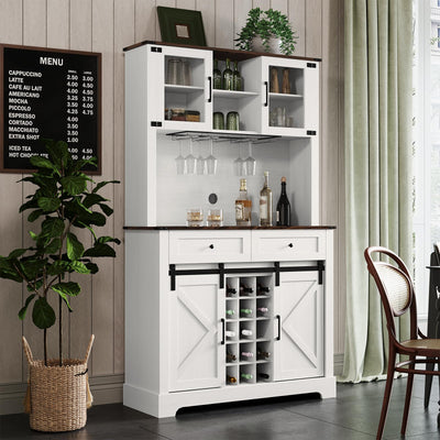 ARTPOWER Wine Bar Cabinet with Sliding Barn Door, 72" Hutch Cabinet with Wine&Glasses Rack, Tall Farmhouse Kitchen Pantry Buffet with Drawers for Dining Room, White