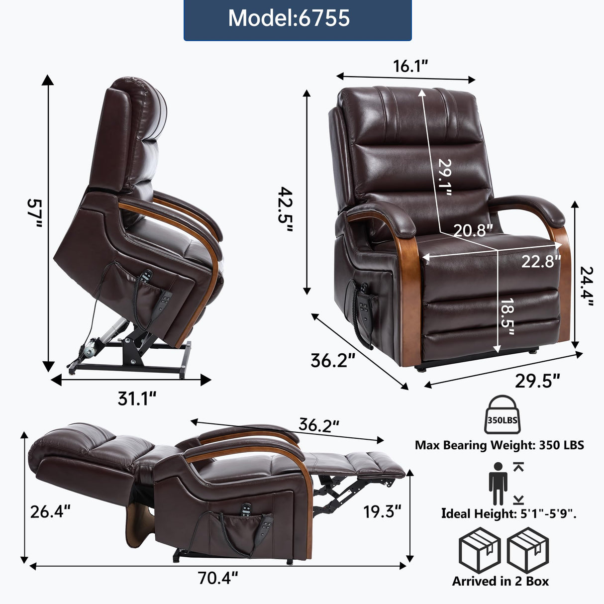 Electric Power Lift Recliner Chair for Elderly People, Dual Motor Power Lift Chair with Vibration Massage and Heat, Lay Flat Recliner, Standing Assistance Reclining, Faux Leather Red Brown Luxlen