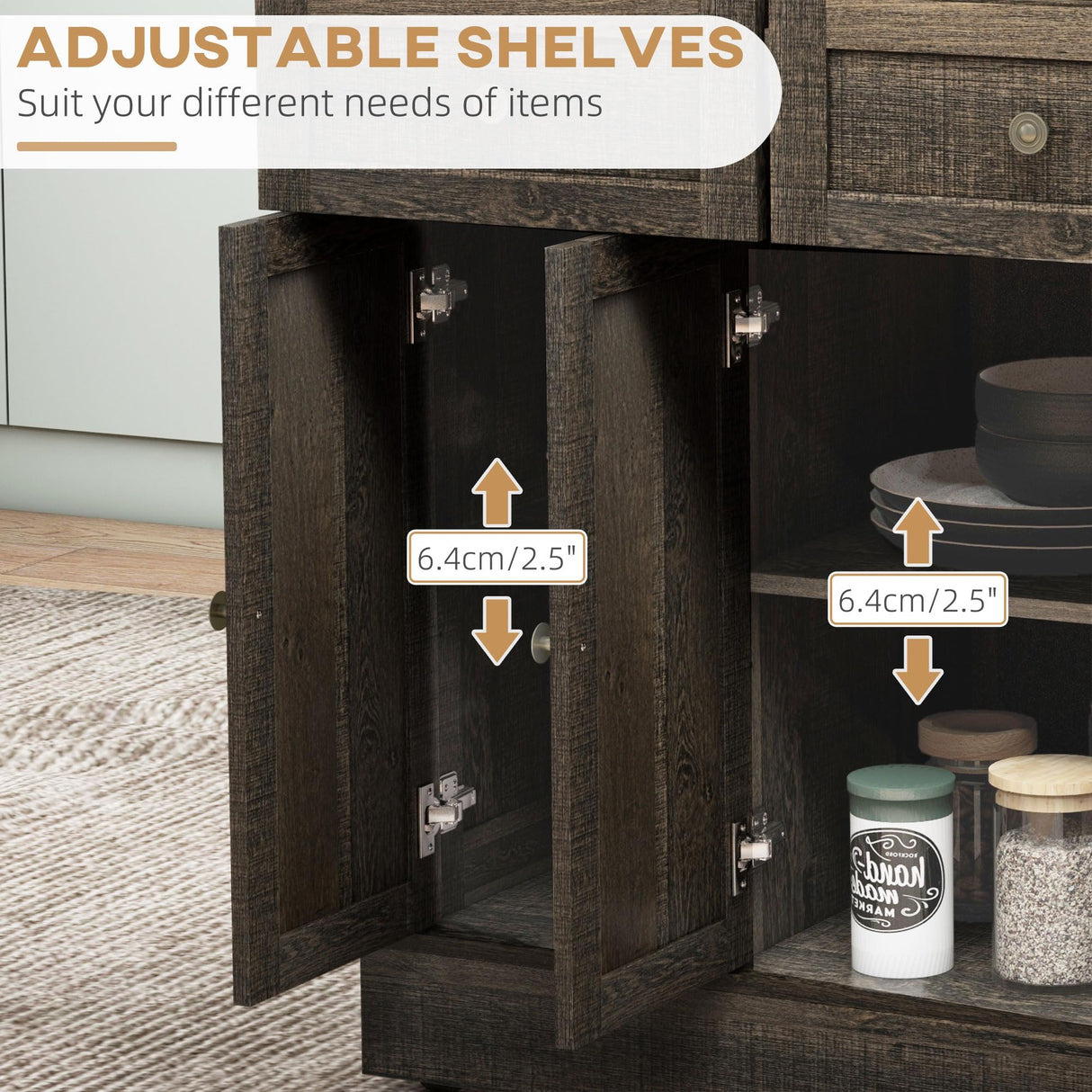 HOMCOM Triple-Cabinet Kitchen Island on Wheels, Kitchen Storage Cabinet with Drawers & Countertop, Rolling Utility Cart with Wood Top, Towel Rack, Spice Stand, Distressed Brown HOMCOM