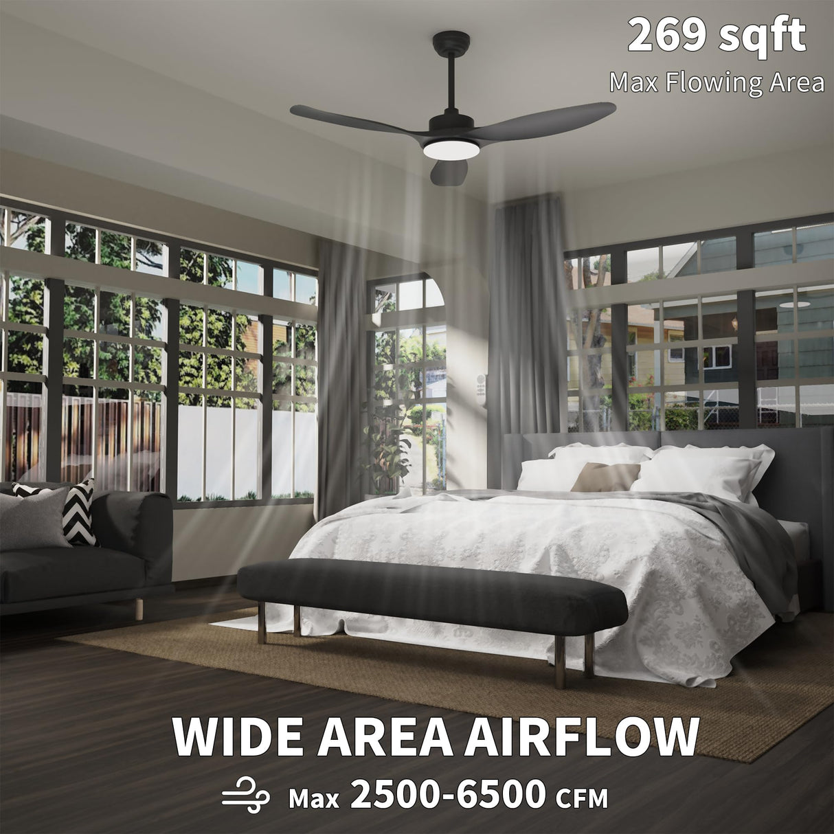 Wozzio 52'' Ceiling Fans with Lights Remote Control,Black Modern Ceiling Fan 3CCT 22W Dimmable LED Light,3 Reversible Blades,6 Speed Ceiling Fan for Bedroom Livingroom Home Office Wozzio