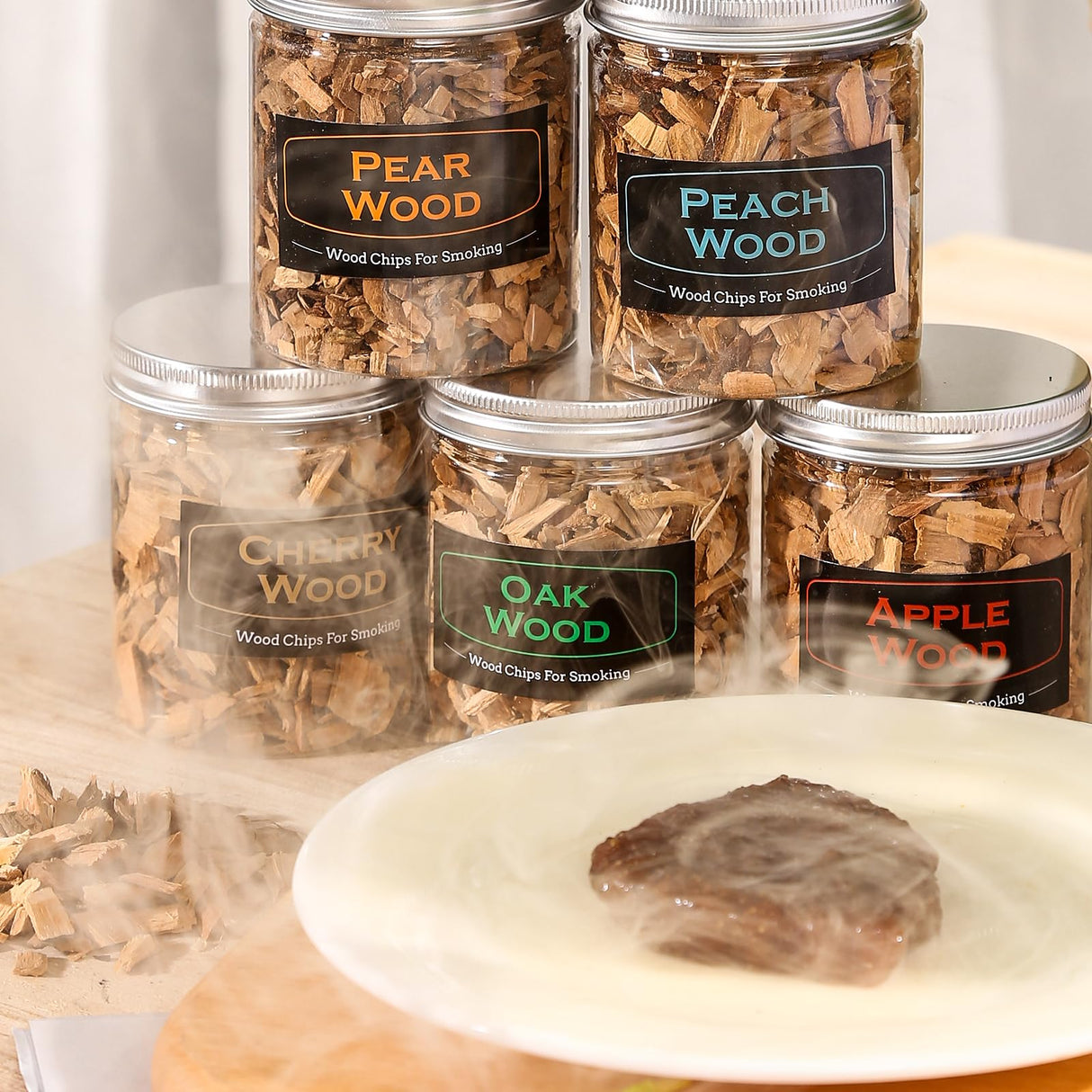 DGYJJZ 6Pack Natural Wood Chips for Smoker Grill and Smoking Gun, Oak, Pecan, Apple, Pear, Cherry and Peach About 80g Each, Smoker Woodchips for BBQ Smoking Beef Pork Chicken Fish and Whisk DGYJJZ