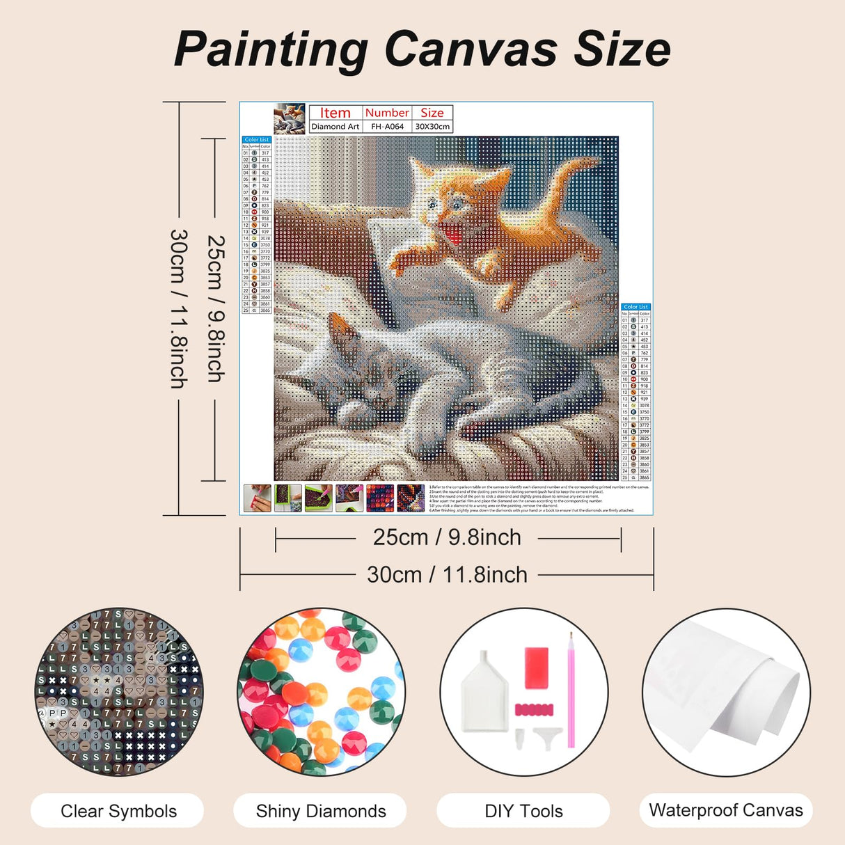 FHBUBPUP Cat Diamond Art Kits for Adults - Diamond Painting Kits for Adults Beginners - DIY Full Drill Round Diamond Dot Gem Art, Craft Gift Suitable for Home Wall Decoration 12×12Inch FHBUBPUP