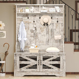 Itaar Hall Tree with Bench and Shoe Storage, 5-in-1 Entryway Bench with Coat Rack, 10 Shoe Cubbies & 9 Coat Hooks, Barn Door & Adjustable Shelf (Vintage White) Itaar