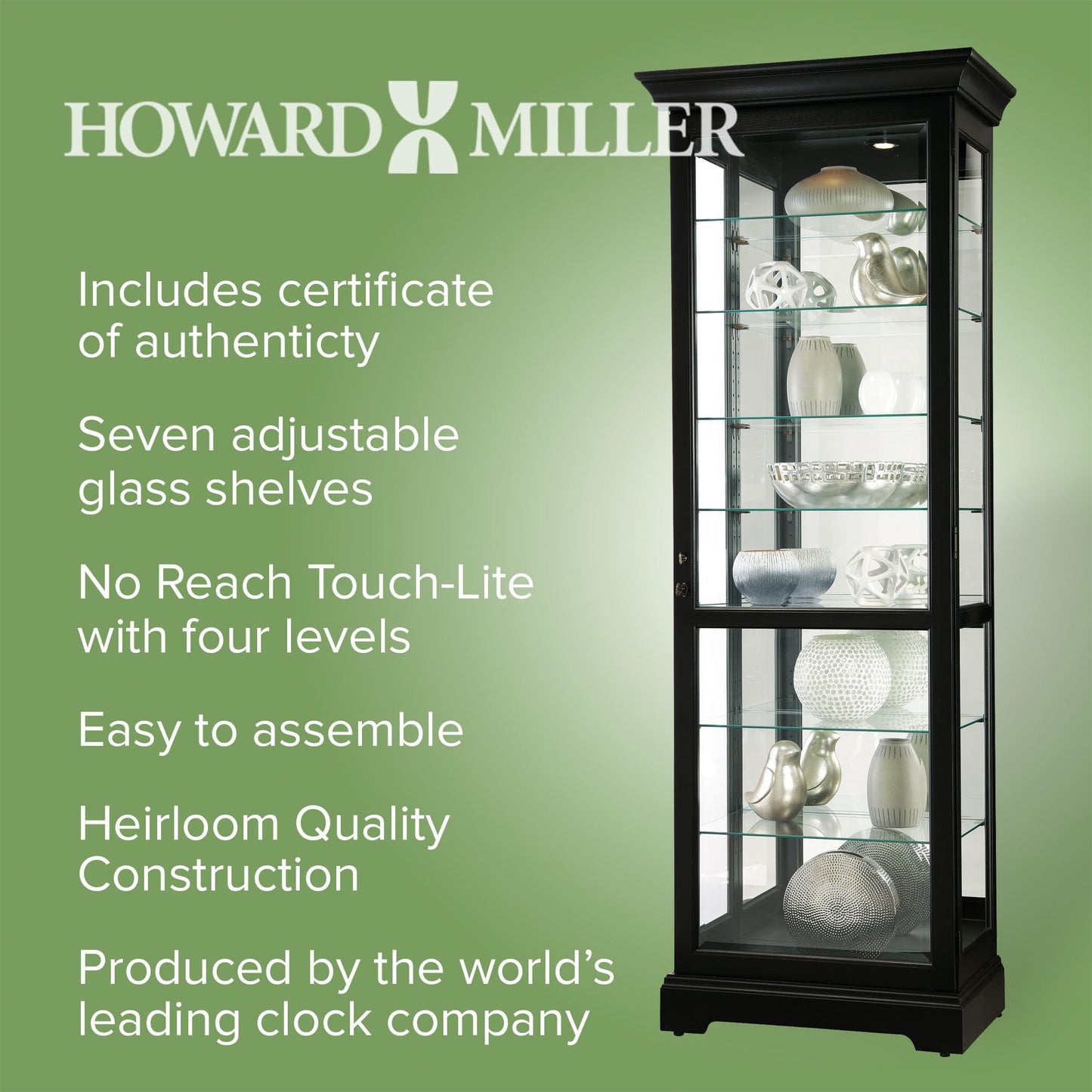 Howard Miller Chesterbrook III Curio Cabinet 680-660 – Black Satin Finish Home Decor, Seven Glass Shelves, Eight Level Display Case, Locking Door, No Reach Light