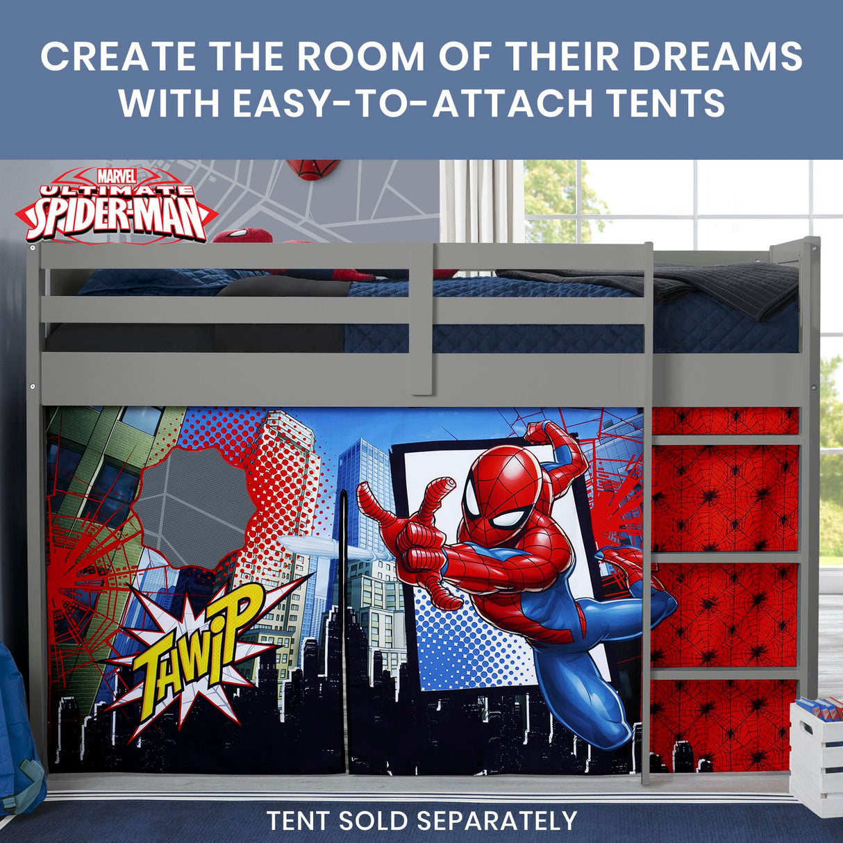 Delta Children Twin Loft Bed with Guardrail and Ladder (Coordinates with Batman, Spider-Man & Harry Potter Tents Sold Separately), Grey Delta Children