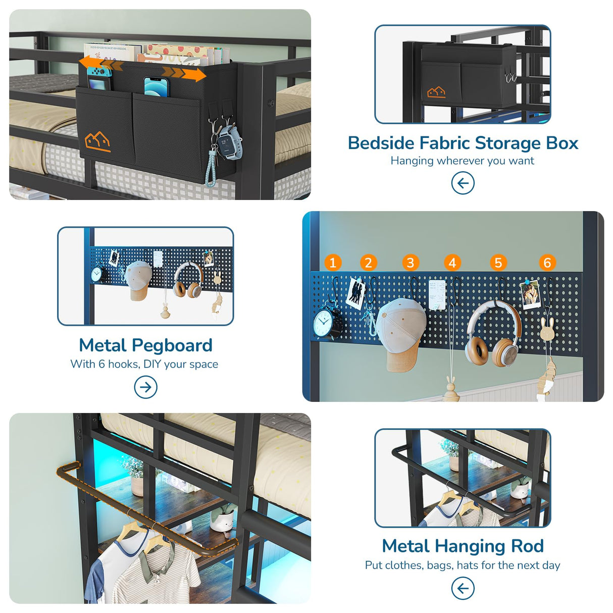 Twin Over Full Size Bunk Bed with 4 Storage Drawers and Bookshelf, Metal Bunk Beds with LED Lights, Charging Station, Loft Bunk Bed with Pegboard, Safety Guardrail and Ladders, for Kids, Teens, Adults mojiasion