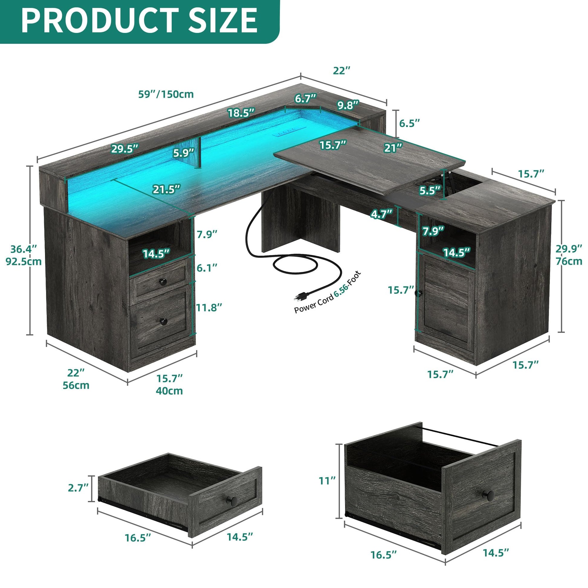 YITAHOME L Shaped Desk with Power Outlets & LED Lights, 60” Computer Desk with Drawers & Lift Top, Home Office Desk with Monitor Stand, Height Adjustable Desk with File Cabinet, Grey - WoodArtSupply