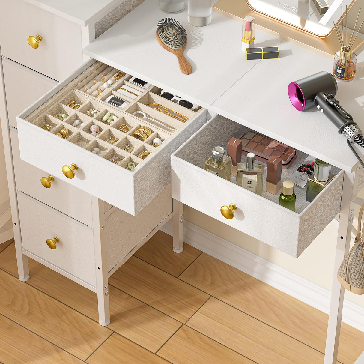 Vanity Desk No Mirror, Small White Vanity Desk, Makeup Girls Vanity Table with 6 Storage Drawers, Dressing Table for Small Spaces, Compact Vanity with Iron Hook for Bedroom, 33.07"L x 12.6"W x 33.07"H DAOUTIME