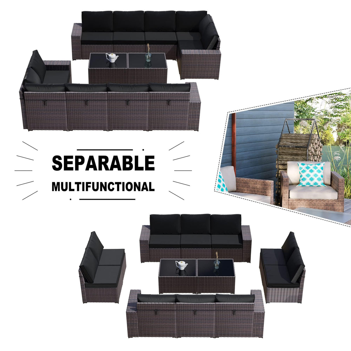 Kullavik 12PCS Outdoor Patio Furniture Set PE Wicker Rattan Sectional Sofa Patio Conversation Sets,Black Kullavik
