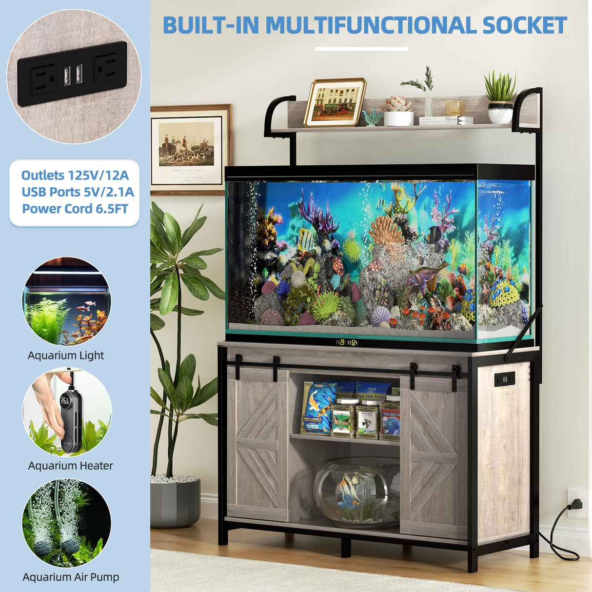 SYESWAY 55-75 Gallon Fish Tank Stand with Power Outlets, Heavy Duty Metal Frame Aquarium Stand with Barn Door, Turtle Reptile Terrariums Stand, 1000LBS Capacity, Grey SYESWAY