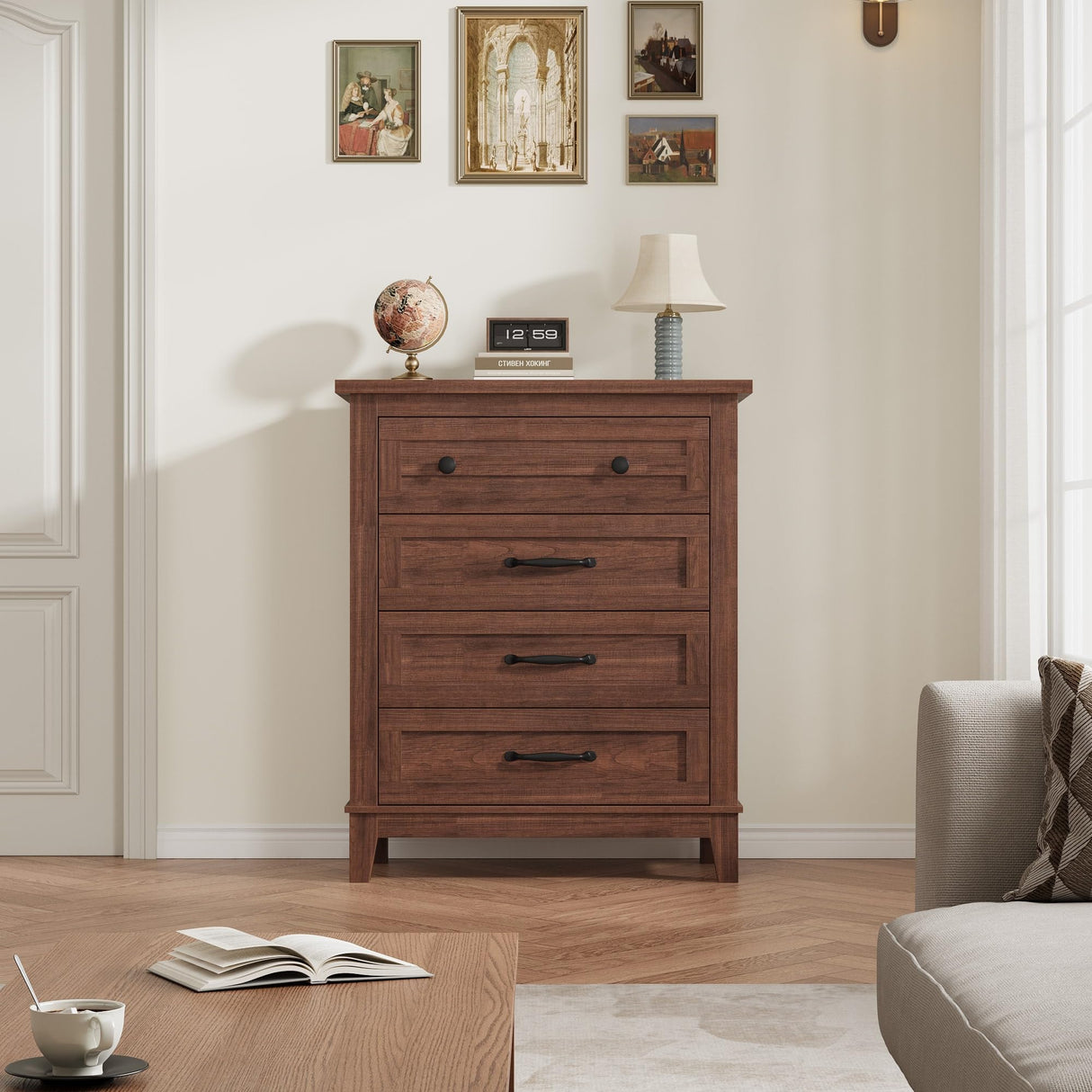 GarveeHome 4 Dresser for Bedroom, 34.8 in Tall Vertical Drawer Dresser with Large Storage, Freestanding Wooden Closet Chest for Bedroom, Living Room, Walunt GarveeHome
