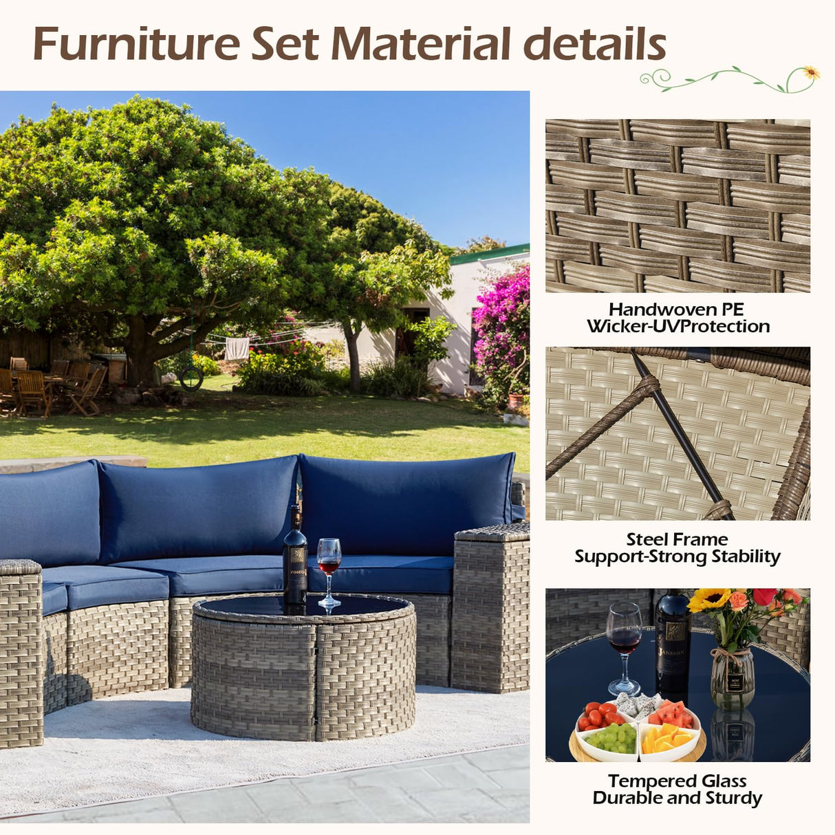 ECOTOUGE Half Moon Patio Furniture Set, 7-Piece All-Weather Wicker Curved Sofa Set, Half Moon Outdoor Couch with High Backs, Fit for Pool Backyard Balcony Garden(Blue) ECOTOUGE