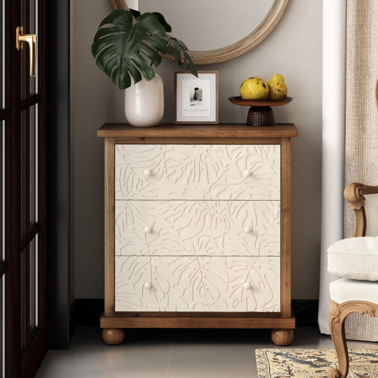 COZAYH Farmhouse 3-Drawer Dresser, French Country Chest of Drawer with Leaves Pattern Carved, Distressed Finish, White & Brown COZAYH