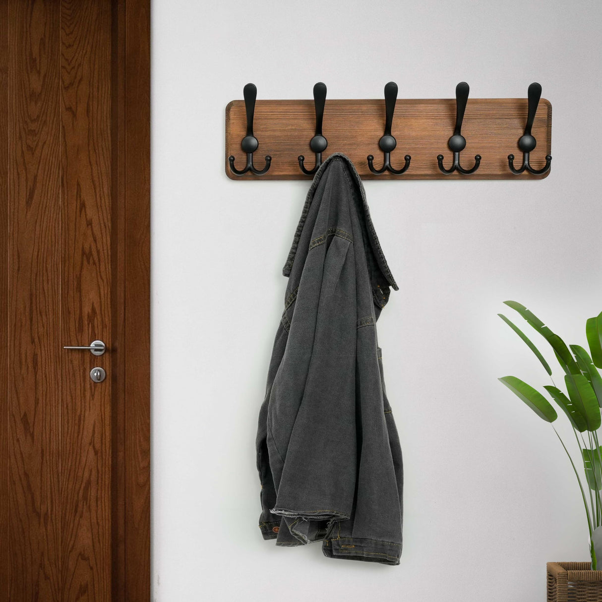 WEBI Rustic Coat Rack Wall Mount,Coat Hooks Wall Mounted,16" Hole to Hole,Wood Coat Hanger Wall,Hook Rack Rail,5 Triple Hooks for Hanging Coats,Jacket,Clothes,Brown WEBI