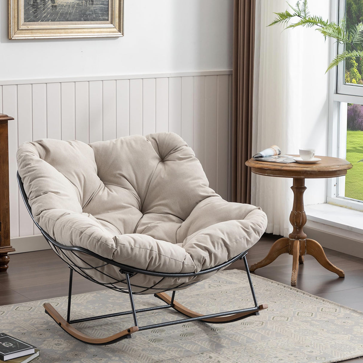 AIDEHO Outdoor Patio Rocking Chair, Oversized Papasan Chair with Cushion and Frame, Comfy Modern Rocker Egg Chair for Living Room, Garden Backyard，Beige AIDEHO