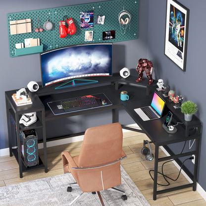 Tribesigns L-Shaped Gaming Desk with Power Outlets & LED Strips, L-Shaped Computer Desk with Storage Shelves, Corner Computer Desk with Monitor Stand, Black Modern Writing Desk Home Office, G - WoodArtSupply