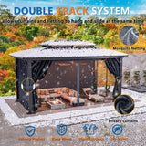 HOTEEL 10x15 Hardtop Gazebo with Heavy Duty Galvanized Steel Double Roof, Aluminum Frame, Flame-Resistant Curtains and Netting, Outdoor Permanent Pavillon for Backyard, Black Hoteel