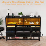 eiskah Black Dresser for Bedroom, 6 Drawers Led Dresser TV Stand with Power Outlets and LED Lights, Long Fabric Dressers Wide Chest of Drawers with Large Organizer Shoe Rack for Living Room, Entryway eiskah