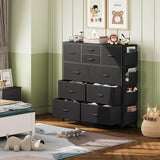 WLIVE Dresser for Bedroom with 10 Drawers, Fabric Dresser Chest of Drawers with Side Pockets and Hooks, Sturdy Metal Frame, Drawers Organizer Unit for Living Room, Hallway, Black WLIVE